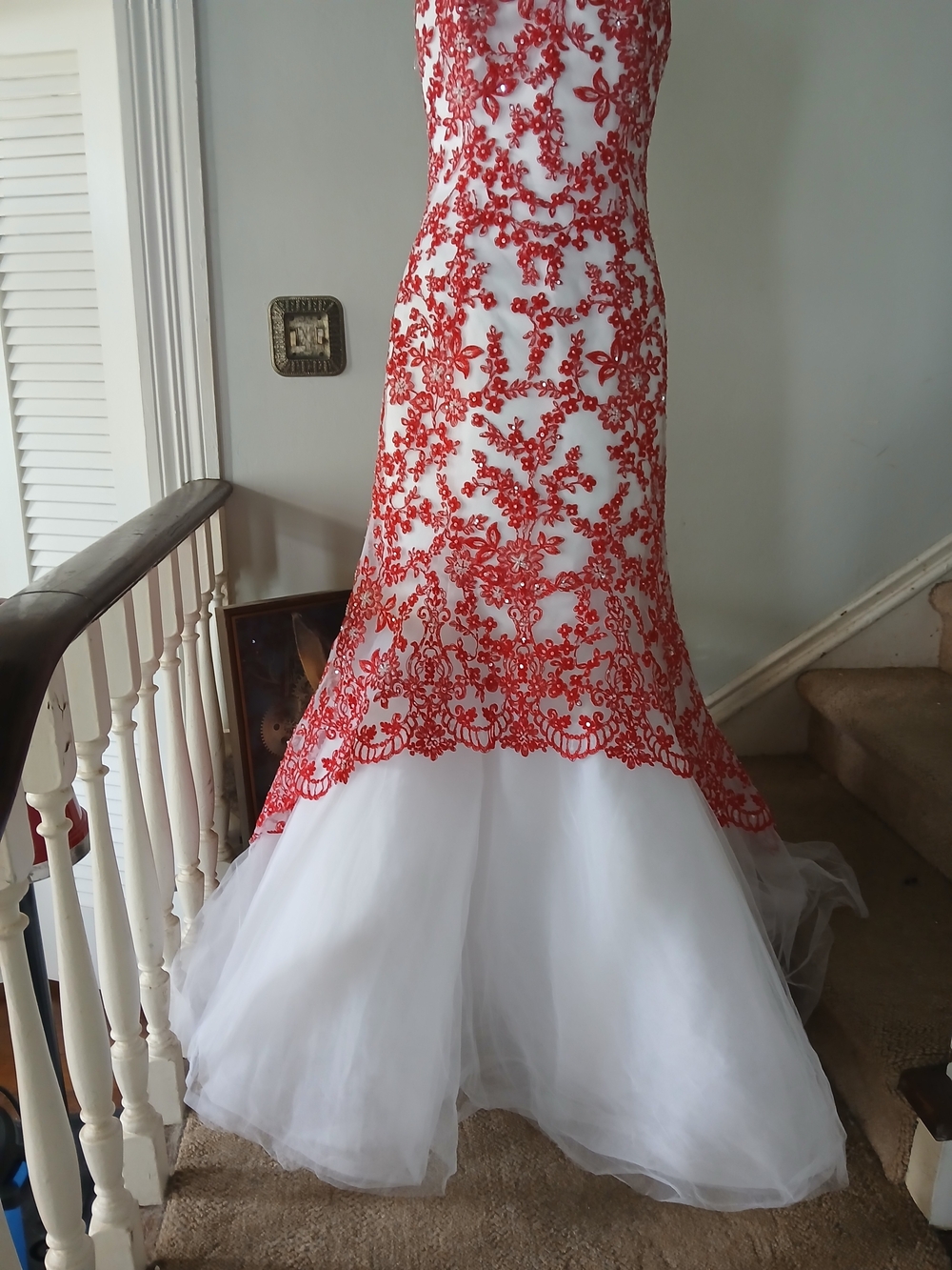 Red Lace Appliqué Mermaid Formal Wedding VINTAGE Dress